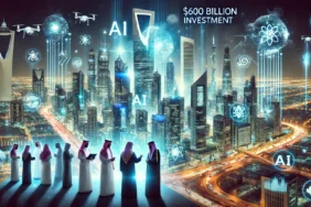 DALL·E 2025-02-20 14.49.07 - A futuristic cityscape in Saudi Arabia illuminated by AI-driven technology, with glowing data streams flowing through smart buildings and digital holo