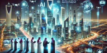 DALL·E 2025-02-20 14.49.07 - A futuristic cityscape in Saudi Arabia illuminated by AI-driven technology, with glowing data streams flowing through smart buildings and digital holo