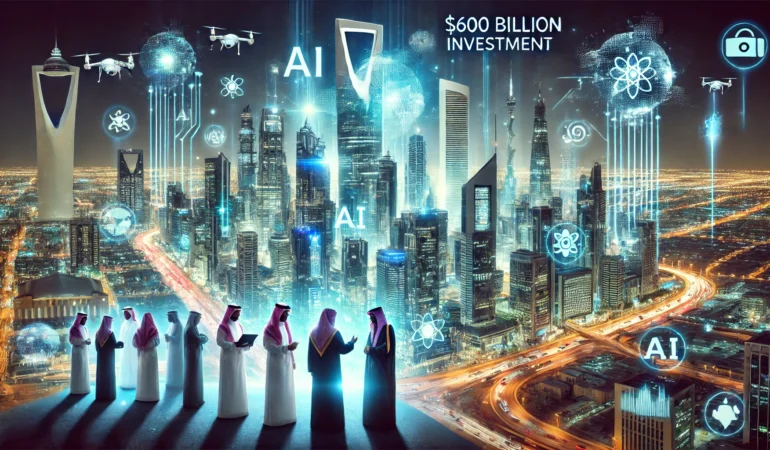 DALL·E 2025-02-20 14.49.07 - A futuristic cityscape in Saudi Arabia illuminated by AI-driven technology, with glowing data streams flowing through smart buildings and digital holo